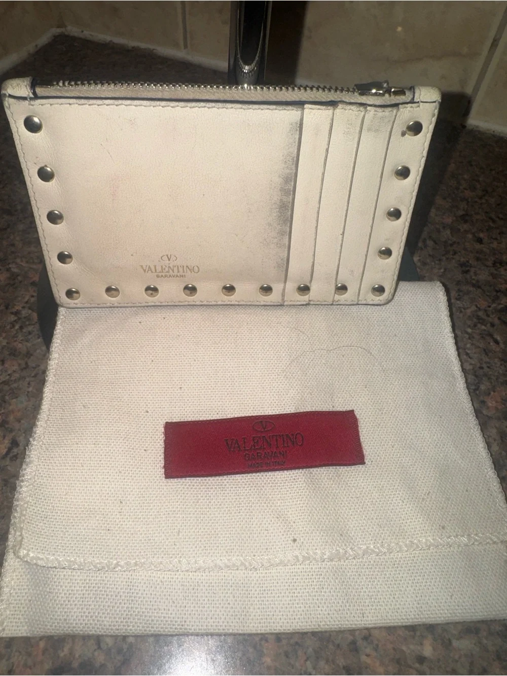 Valentino Garavani Ivory Rockstud Leather Card Wallet